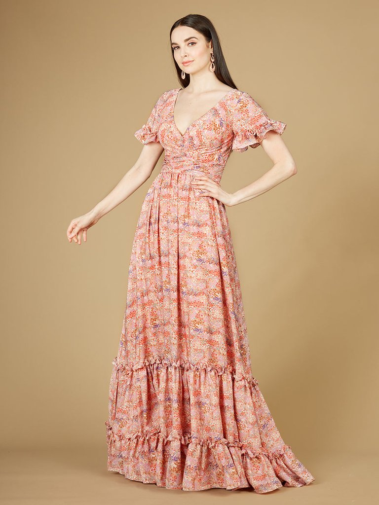 Long Print Gown With Cap Sleeves - Pink Print