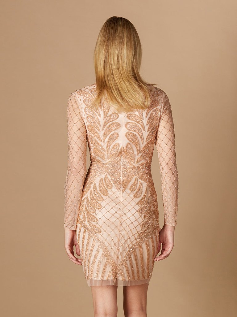 Long Sleeve Beaded Cocktail Dress - Rose Gold