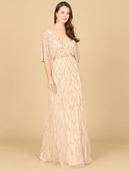 Long Sleeve Beaded Short Dress - Champagne