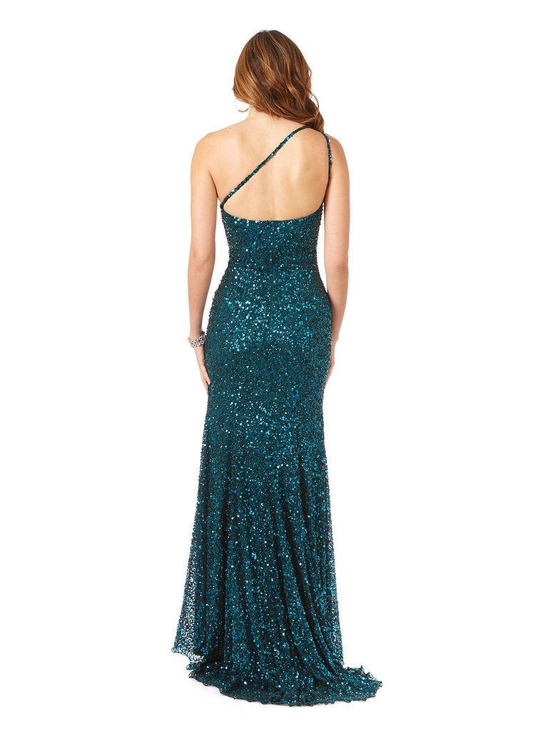 One-Shoulder Beaded Gown With Slit