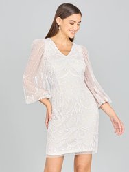 V-Neck, Balloon Sleeve Bridal Mini Dress - Ivory/Nude