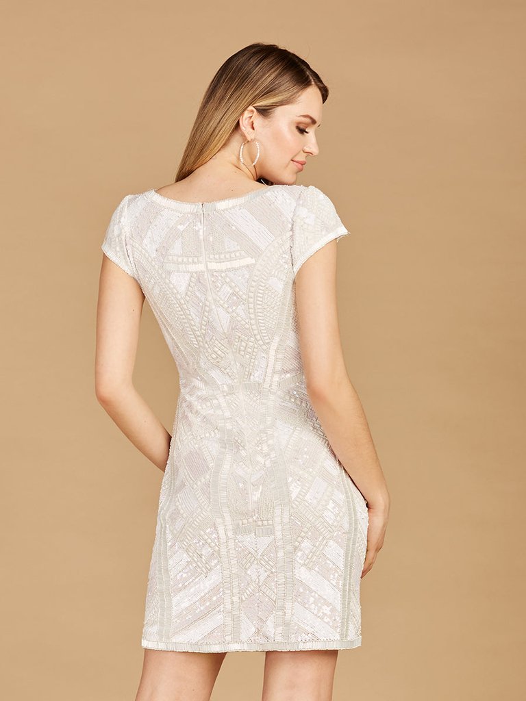 V-Neck Beaded Bridal Mini Dress With Cap Sleeves