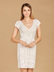 V-Neck Beaded Bridal Mini Dress With Cap Sleeves - Ivory