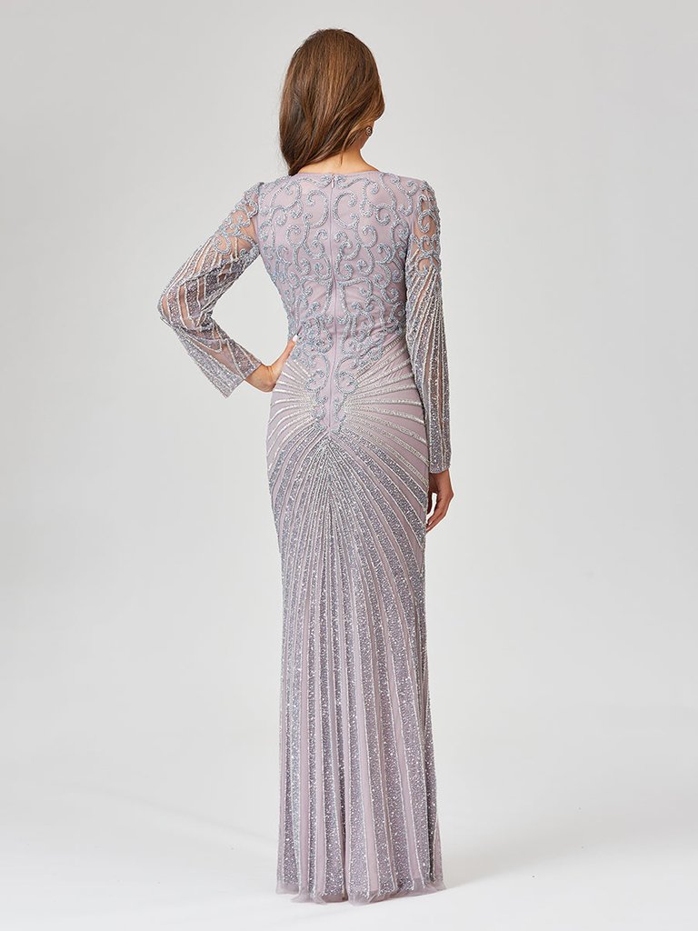 V Neck Beaded Long Sleeve Dress