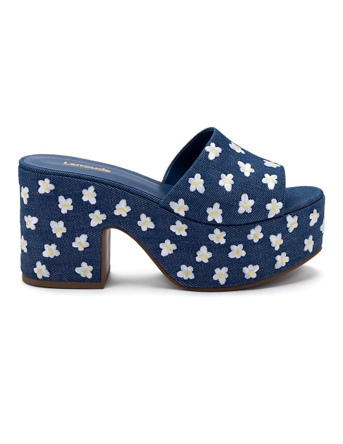 Larroude Larroudé, Miso 90MM Flower-Embroidered Denim Platform Mules