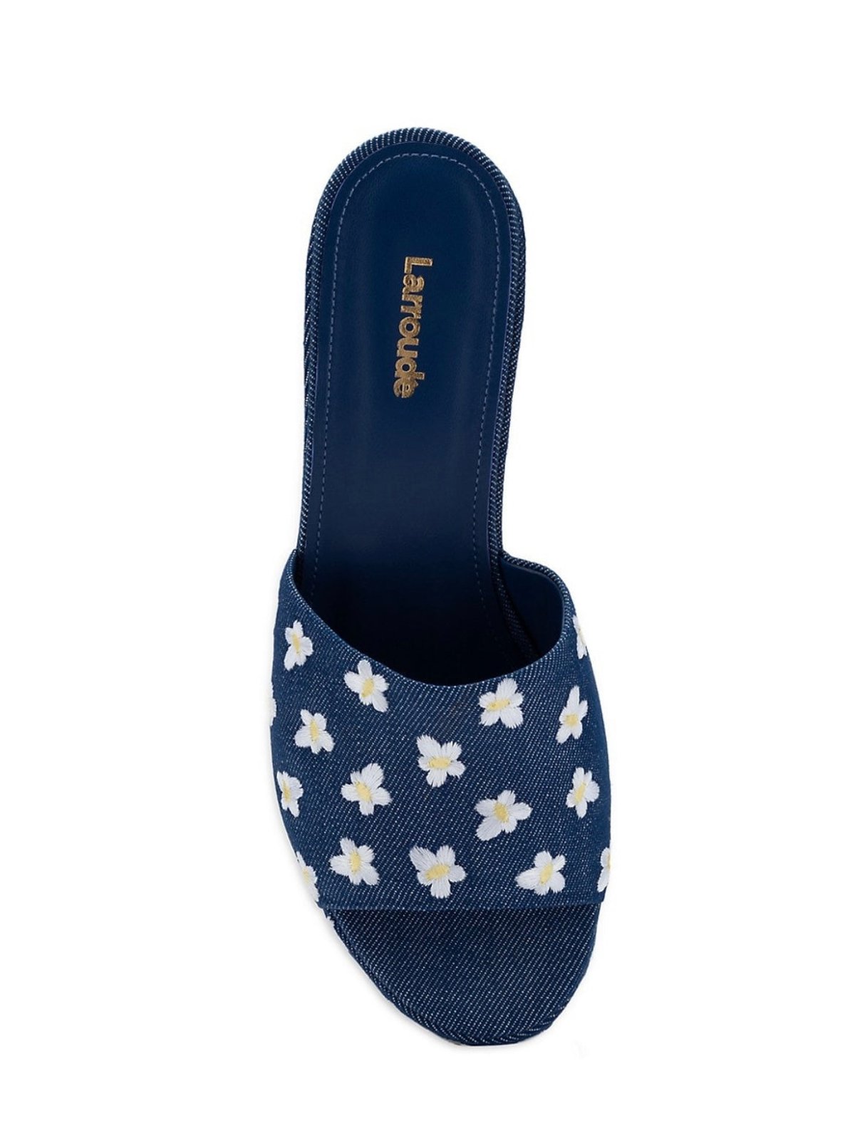 Larroude Larroudé, Miso 90MM Flower-Embroidered Denim Platform Mules