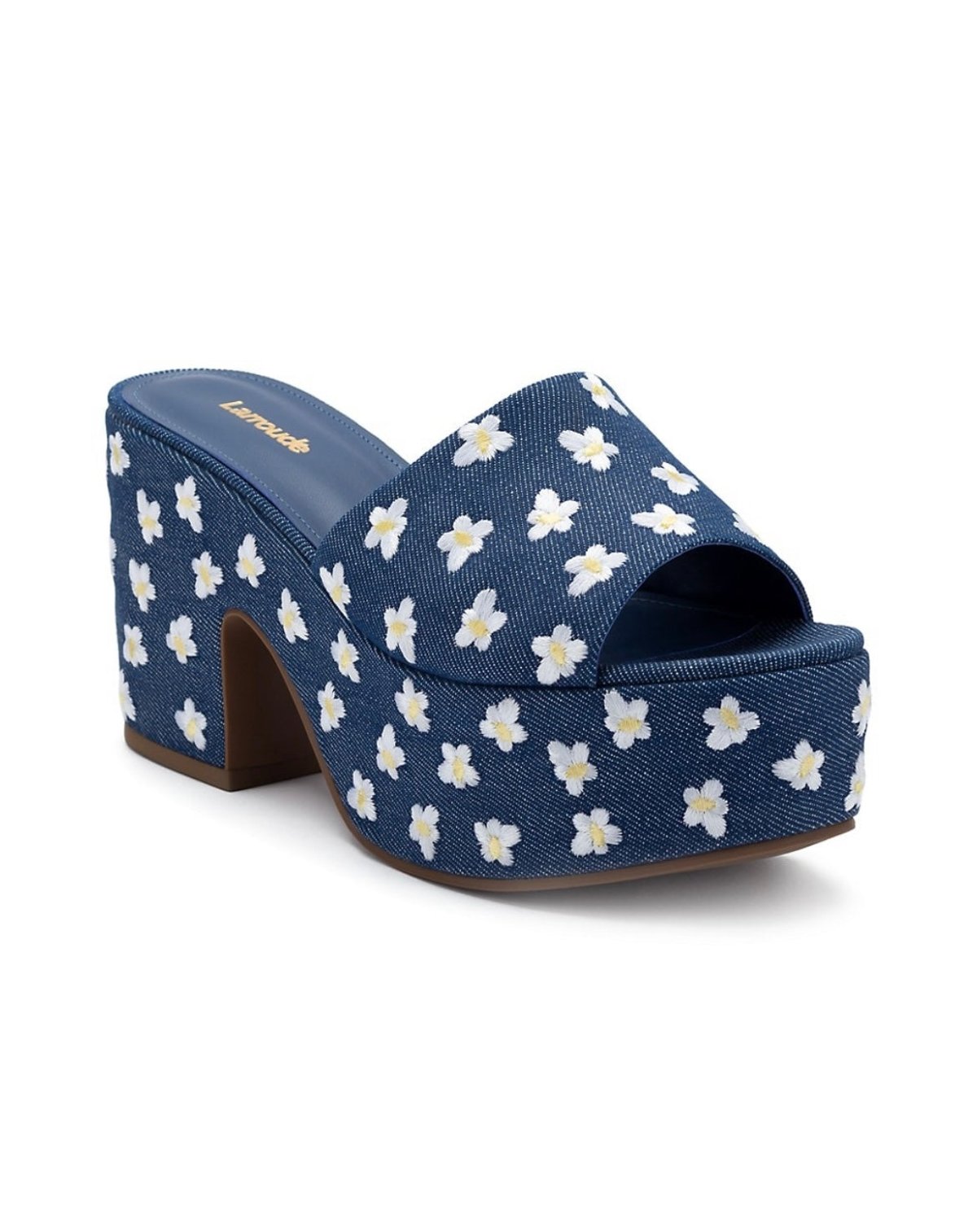 Larroude Larroudé, Miso 90MM Flower-Embroidered Denim Platform Mules