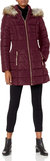 Women 3/4 Puffer Zig Zag Cinch Waist Faux Fur Hood Coat - Burgundy