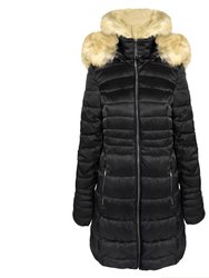 Women'S Quilted Faux Fur Hood Puffer Jacket Coat - Black