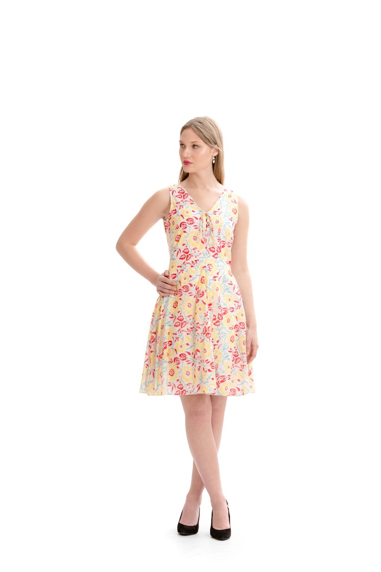 Ninaa Cotton Dress - Yellow/Red (Multicolor Floral Print)
