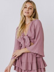 Front Bow Tie Romper with Ruffled Hem - Purple