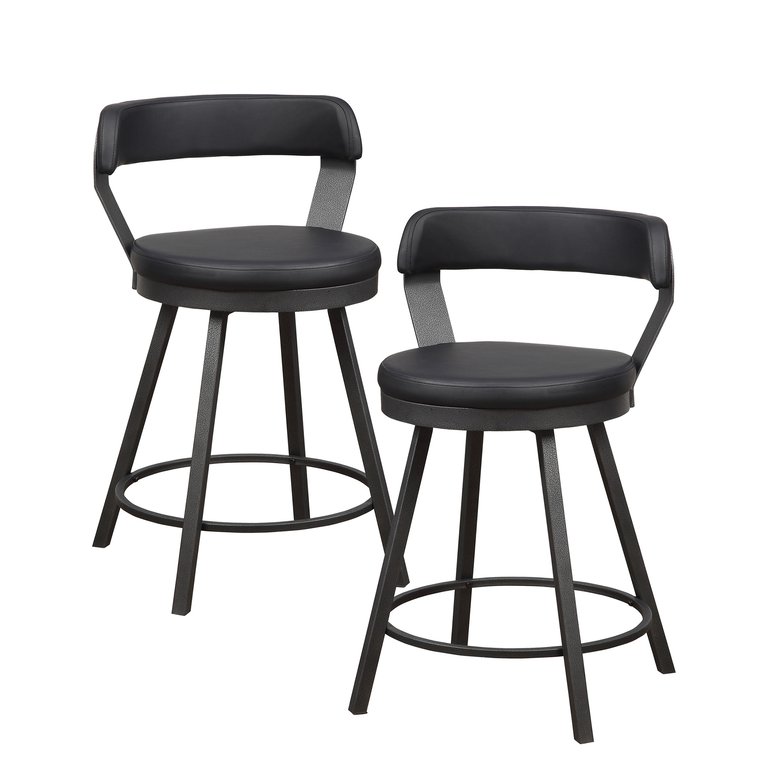 Avignon 35.5 in. Mottled Silver Low Back Metal Frame Swivel Bar Stool With Faux Leather Seat (Set of 2) - Mottled Silver and Black