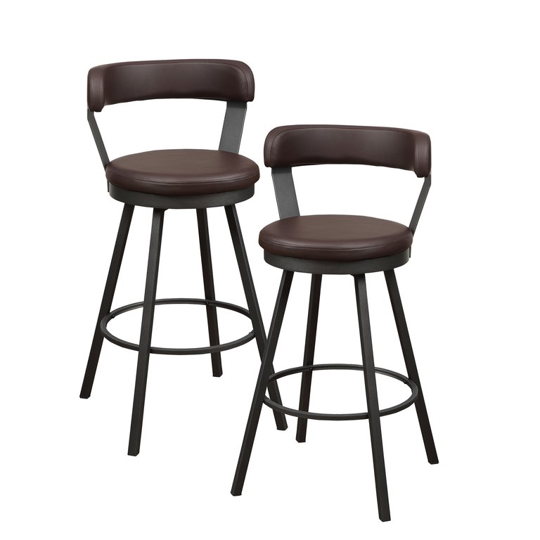 Avignon 40.5 in. Mottled Silver Low Back Metal Frame Swivel Bar Stool with Faux Leather Seat (Set of 2) - Mottled Silver and Brown