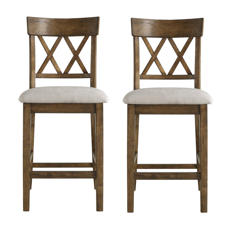 Carlow 42 in. Full Back Wood Frame Bar Stool With Double Cross Back Fabric Seat (Set of 2) - Light Oak
