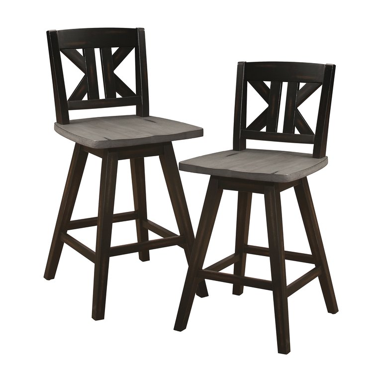 Fenton 37.5 in. Full Back Wood Frame Swivel Dining Bar Stool with Back Wooden Seat - Set of 2 - Distressed Gray and Black