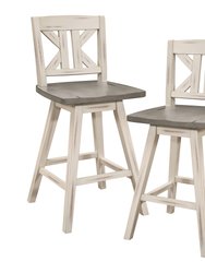 Fenton 37.5 in. Full Back Wood Frame Swivel Dining Bar Stool with Back Wooden Seat - Set of 2 - Distressed Gray and White