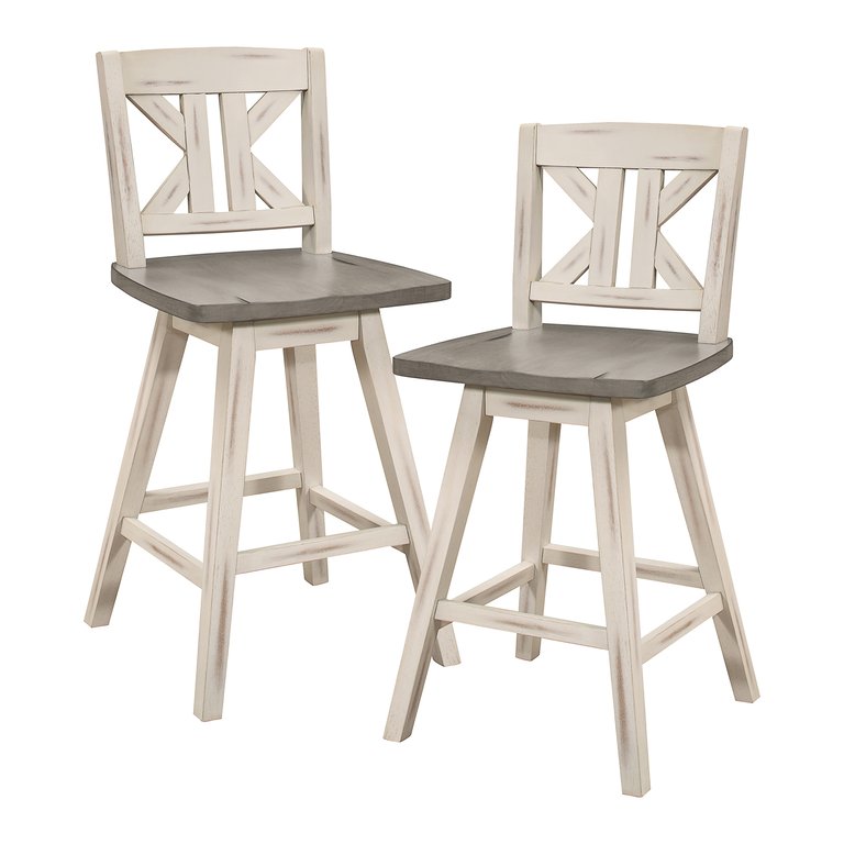 Fenton 37.5 in. Full Back Wood Frame Swivel Dining Bar Stool with Back Wooden Seat - Set of 2 - Distressed Gray and White