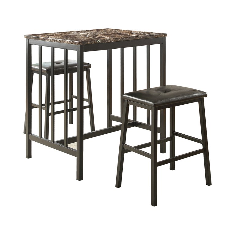 Myan 3-Piece Rectangular Metal And Black Faux Marble Top Counter Height Dining Room Set - Metal And Black