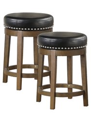Paran 25 in. Brown Backless Wood Frame Round Swivel Bar Stool with Faux Leather Seat - Set of 2 - Brown and Black