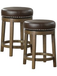 Paran 25 in. Brown Backless Wood Frame Round Swivel Bar Stool with Faux Leather Seat - Set of 2 - Brown