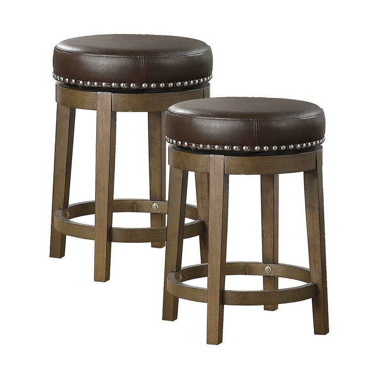 Paran 25 in. Brown Backless Wood Frame Round Swivel Bar Stool with Faux Leather Seat - Set of 2 - Brown