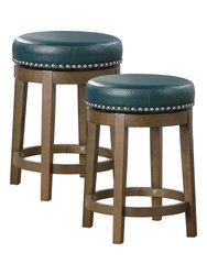 Paran 25 in. Brown Backless Wood Frame Round Swivel Bar Stool with Faux Leather Seat - Set of 2 - Brown and Green