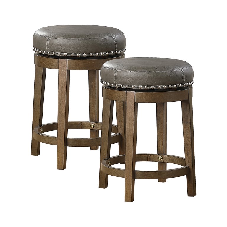 Paran 25 in. Brown Backless Wood Frame Round Swivel Bar Stool with Faux Leather Seat - Set of 2 - Brown and Gray