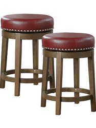 Paran 25 in. Brown Backless Wood Frame Round Swivel Bar Stool with Faux Leather Seat - Set of 2 - Brown and Red