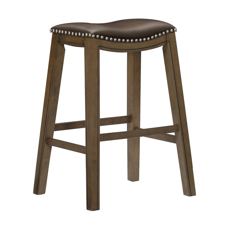 Pecos 31 in. Brown Backless Wood Frame Saddle Bar Stool With Faux Leather Seat