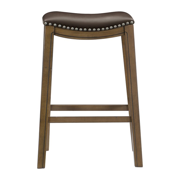 Pecos 31 in. Brown Backless Wood Frame Saddle Bar Stool With Faux Leather Seat - Brown