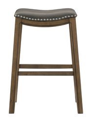 Pecos 31 in. Brown Backless Wood Frame Saddle Bar Stool With Faux Leather Seat - Brown and Gray