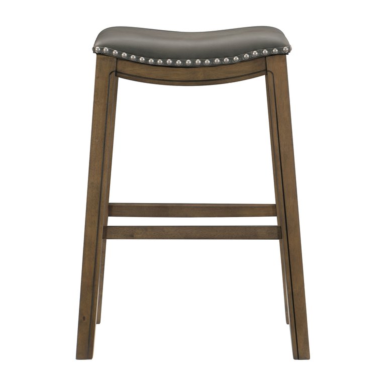 Pecos 31 in. Brown Backless Wood Frame Saddle Bar Stool With Faux Leather Seat - Brown and Gray