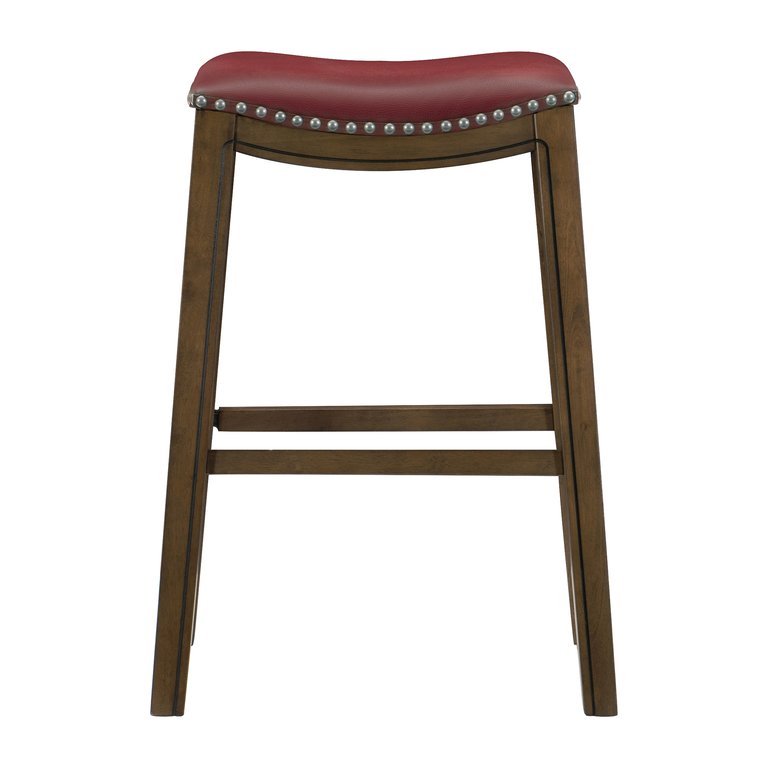 Pecos 31 in. Brown Backless Wood Frame Saddle Bar Stool With Faux Leather Seat - Brown and Red