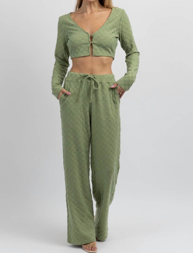 Checked + Knit Flare Pant Set - Olive