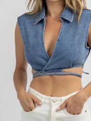 Jean Collared Wrap Top - Blue