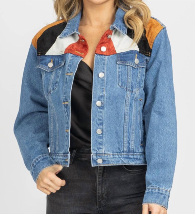 Suede Patch Relaxed Denim Jacket - Blue