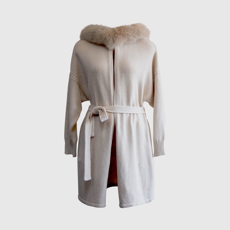 Cashmere Wrap Cardigan With Fox Fur - Beige