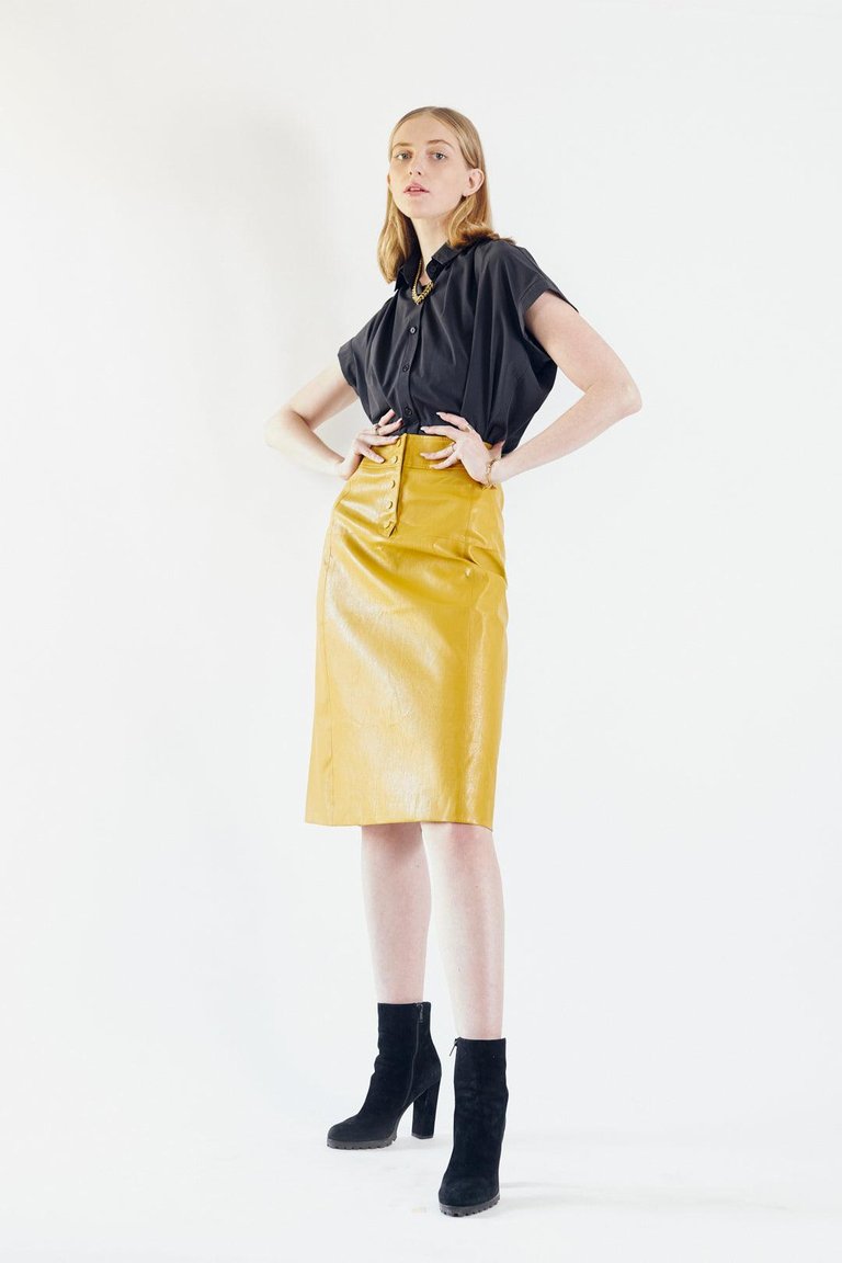 Glossy Vegan Leather Pencil Skirt - Mustard