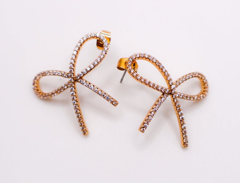 Golden Bow Tie Sparkle Earrings - Golden