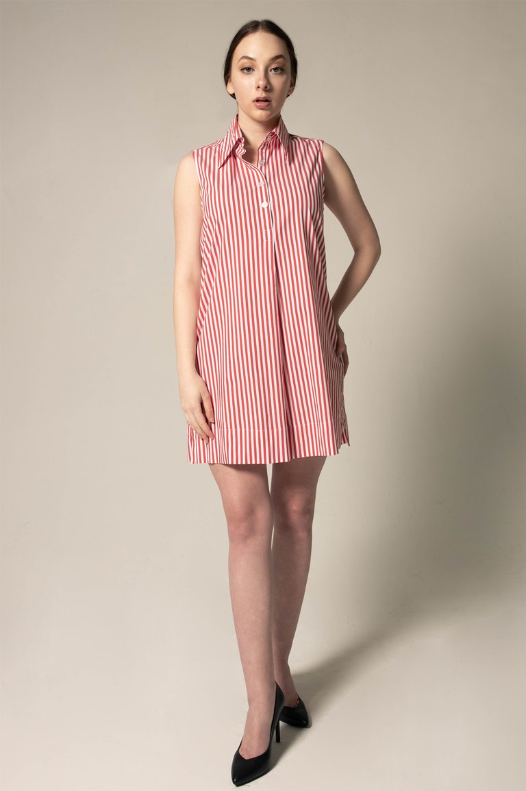 Italian Cotton Red Stripe Sleeveless Dress - Red-White
