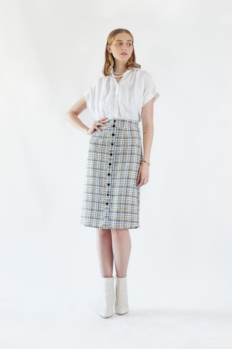Luxe Plaid Tweed Pencil Skirt - White/Gold/Blue