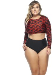 Long Sleeve Crop Top - Terracotta Geometric - Terracotta Geometric