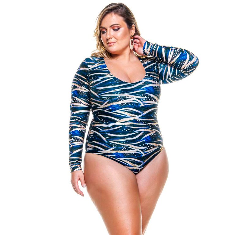 Long Sleeved Swimsuit for Woman - Blue Feathers