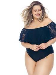 Off Shoulder Swimsuit With Padded Cups And Ruffles - Black