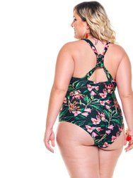 Padded Swimsuit With Crisscross Detailing In The Neckline In Cherry Tree Print