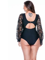 Swimsuit No Padded With Puffed Sleeves - Black, Laced Black