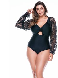 Swimsuit No Padded With Puffed Sleeves - Black, Laced Black - Black/Laced Black