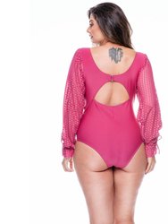 Swimsuit No Padded With Puffed Sleeves - Lychee, Lychee Lace