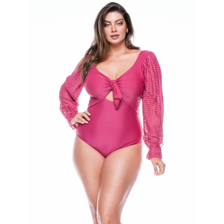 Swimsuit No Padded With Puffed Sleeves - Lychee, Lychee Lace - Lychee/Lychee Lace