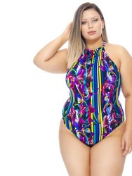 Swimsuit With Choker And Padded Cups - Purple